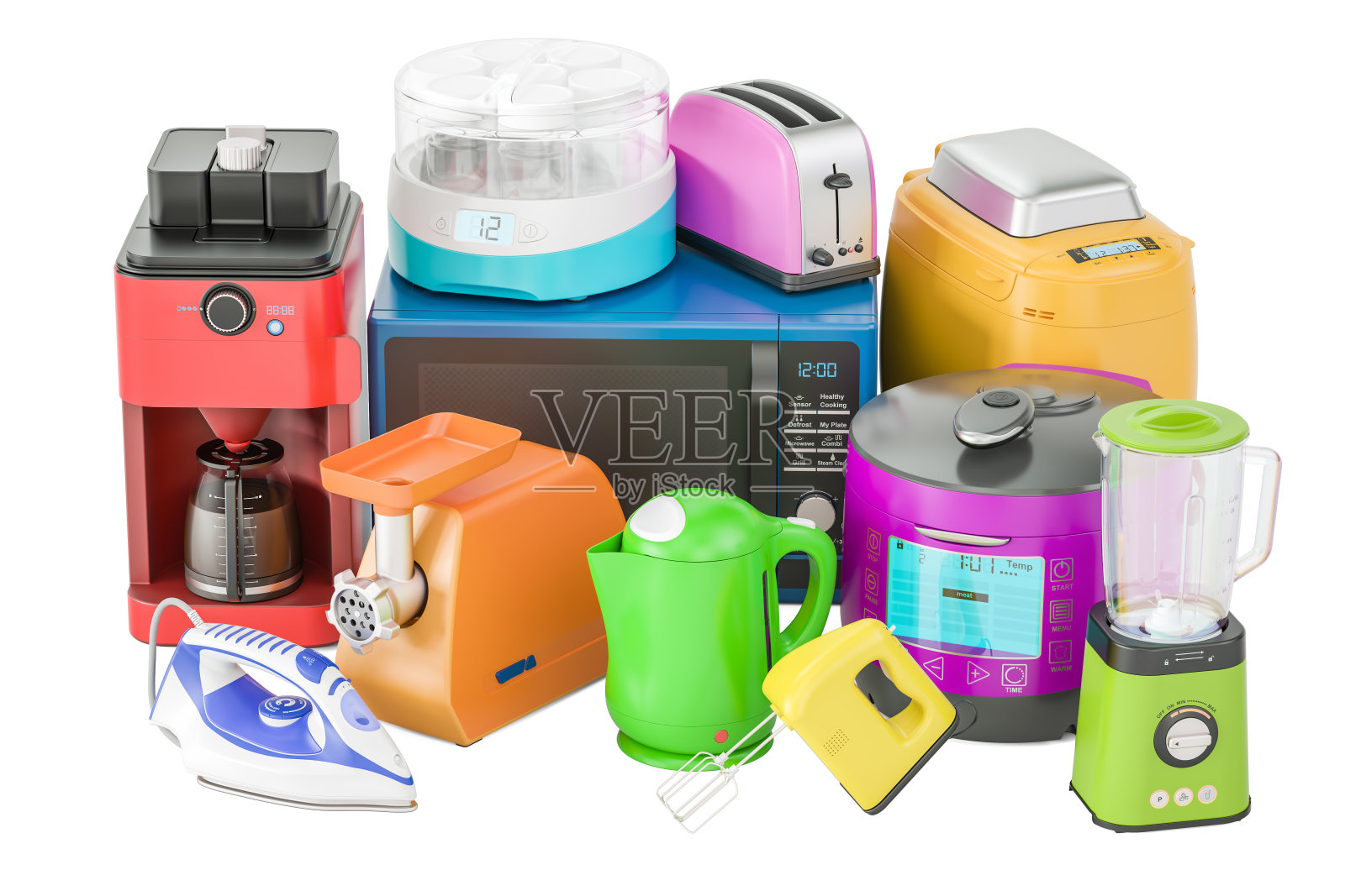 一套彩色厨房家用电器。烤面包机，水壶，搅拌机，搅拌机，“酸奶机”，多锅，研磨机，面包机，3D渲染孤立的白色背景照片摄影图片