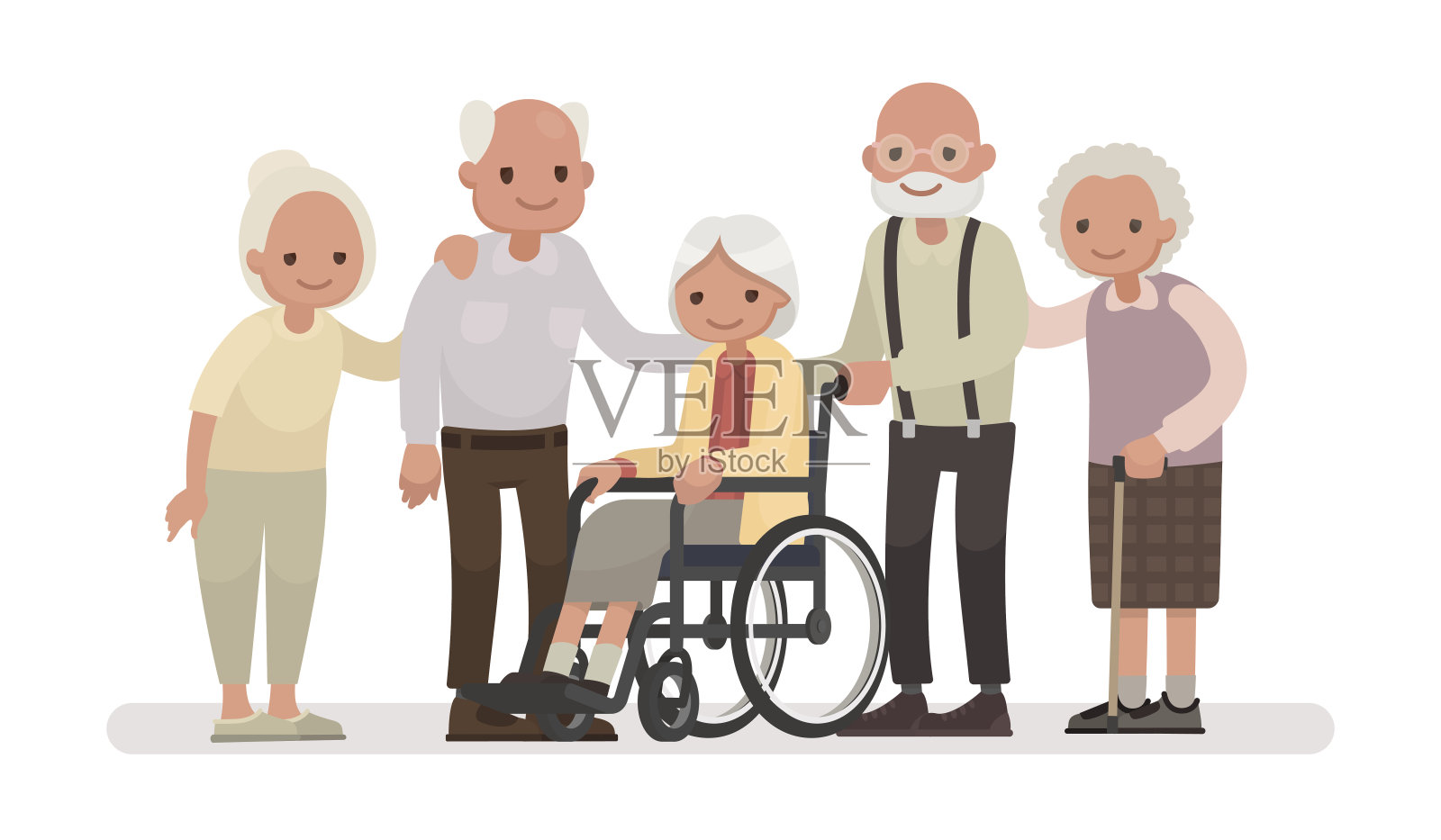 白色背景上的一群老人。一位上了年纪的妇女正坐在轮椅上设计元素图片