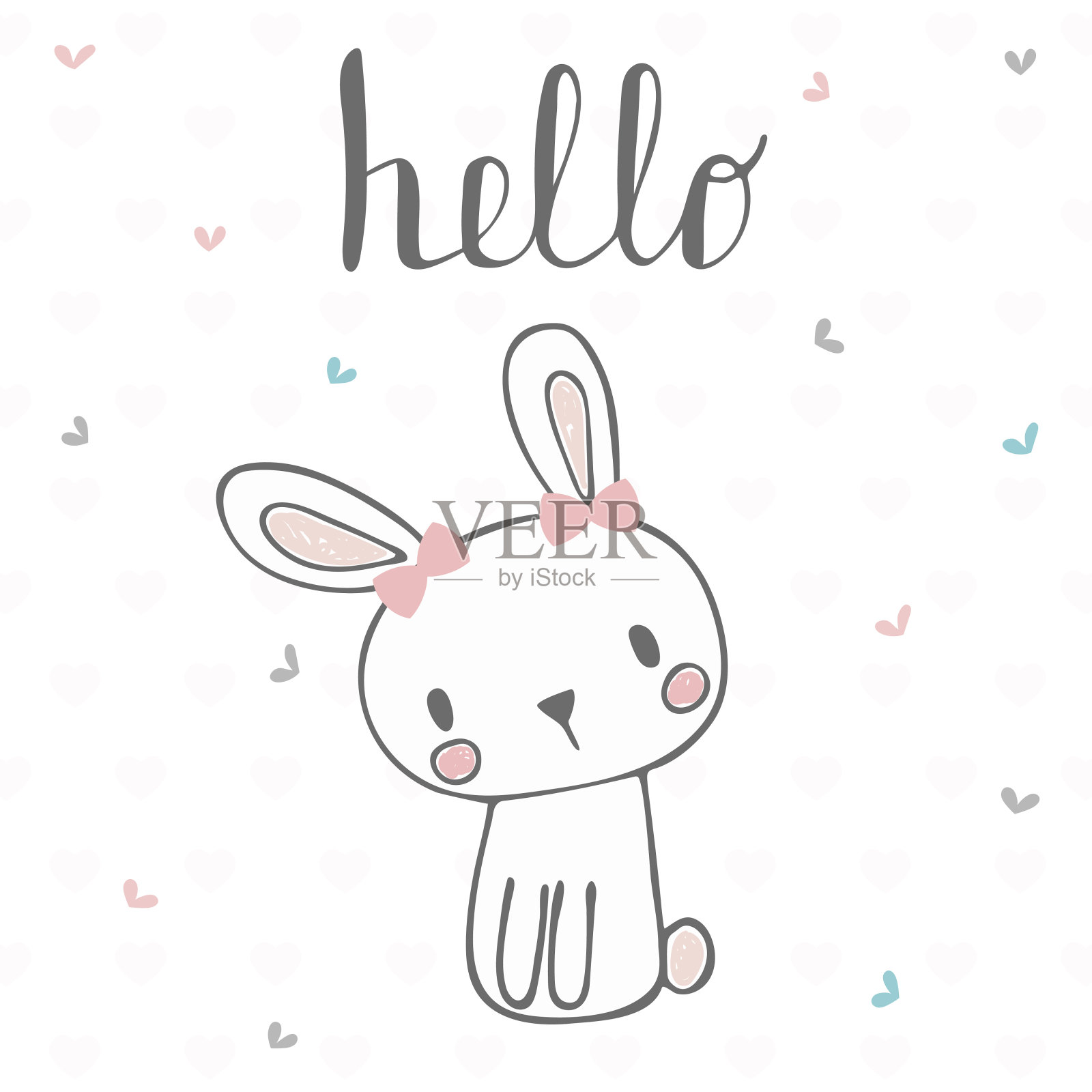 可爱的明信片和有趣的兔子。给小女孩的卡片上写着“你好”。设计模板设计元素图片