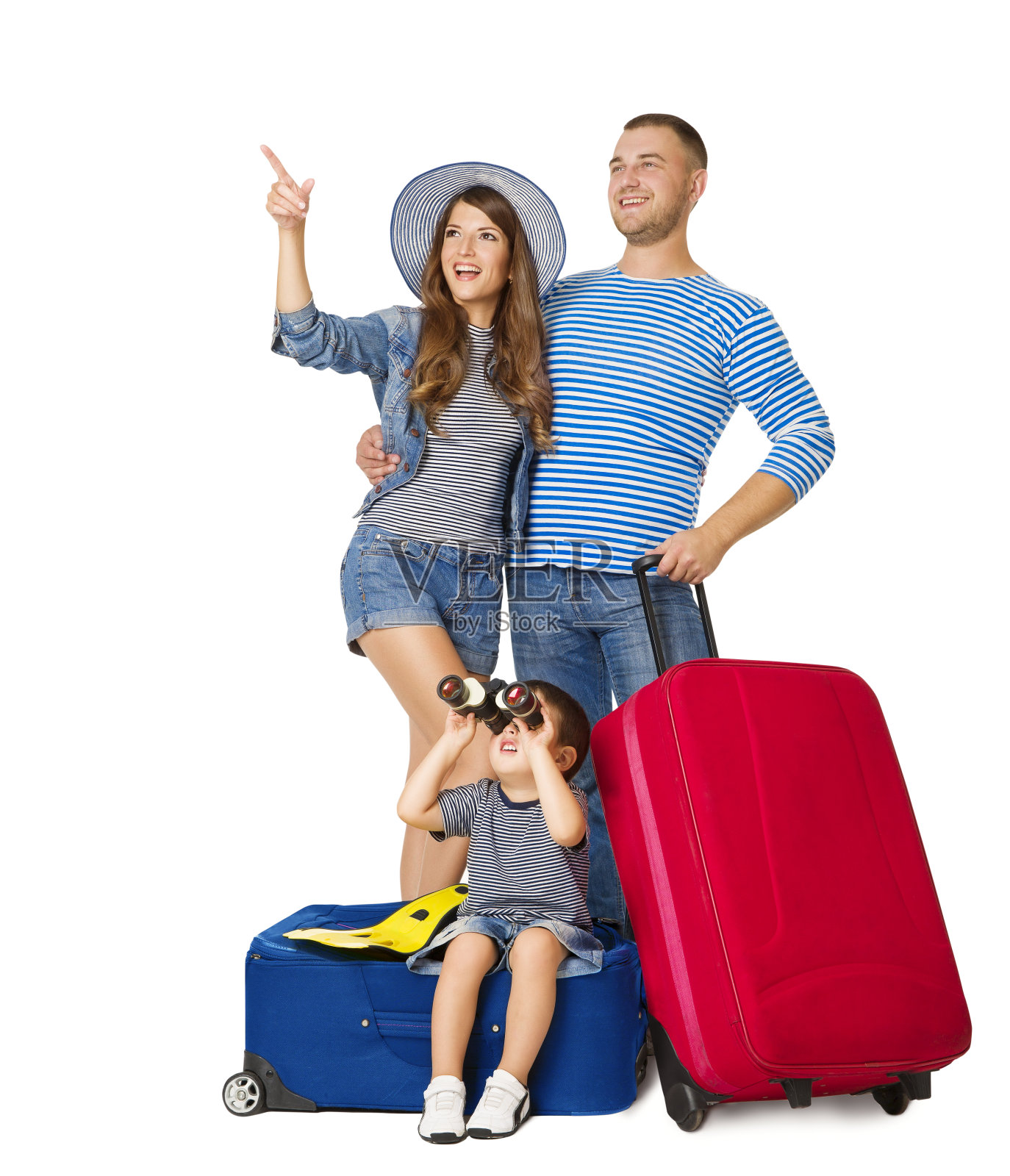 采购产品家庭旅行旅行箱，孩子的行李双目向上看，人们指向与假期行李，白色背景照片摄影图片