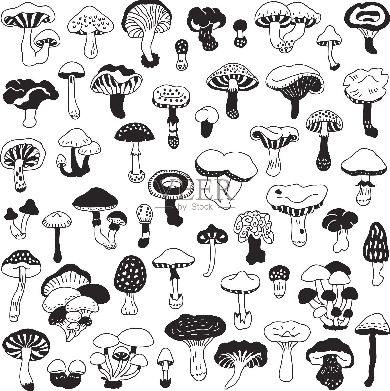 一套矢量手绘，涂鸦蘑菇。插画图片素材