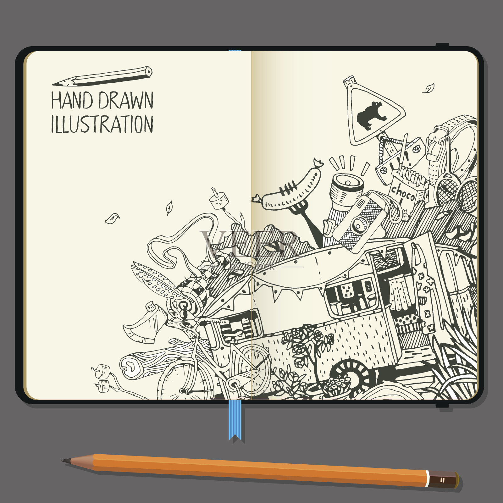 矢量笔记本与铅笔和手绘涂鸦。冒险野营对象。旅行和娱乐时间概念。插画图片素材