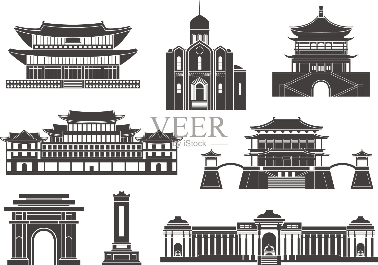 东亚。白色背景上孤立的亚洲建筑插画图片素材