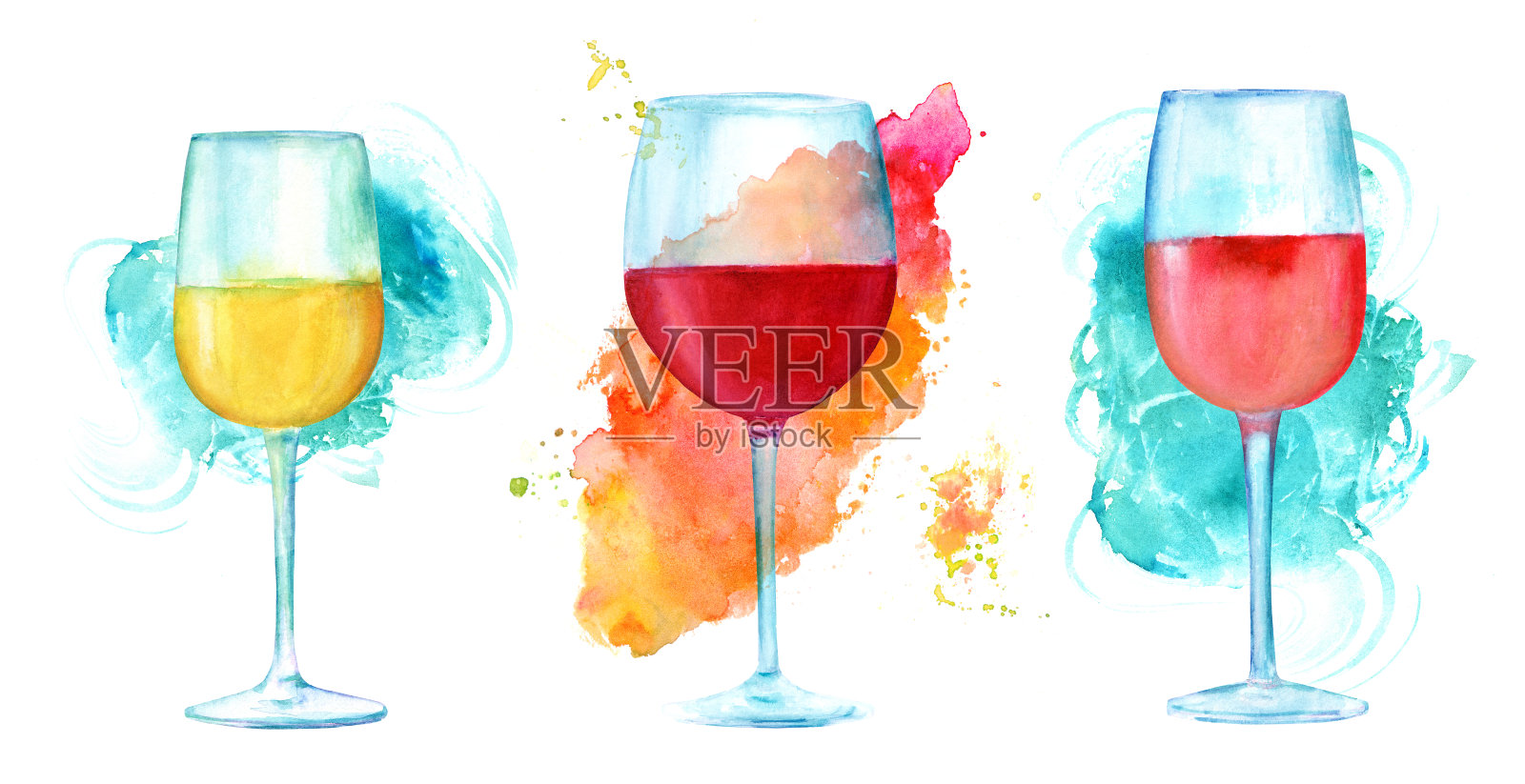 水彩葡萄酒杯设置与充满活力的纹理上的白色插画图片素材
