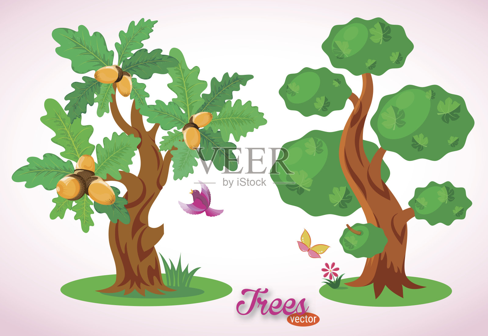 向量树。绿橡树和橡子。五颜六色的鸟，蝴蝶，花。插画图片素材