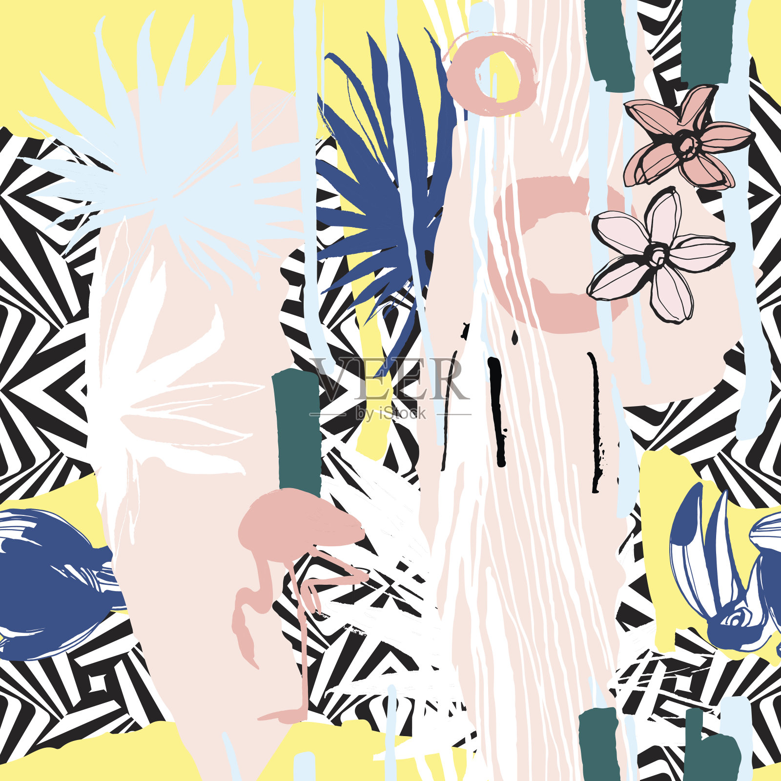 无缝图案手绘热带棕榈叶，花，鸟。插画图片素材