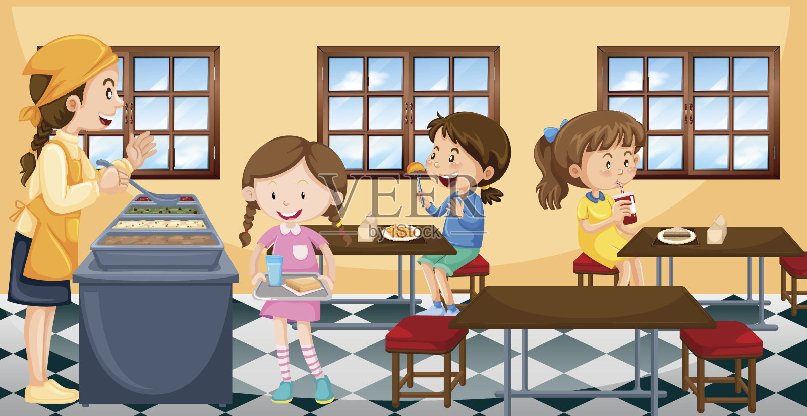 孩子们在食堂吃午饭插画图片素材