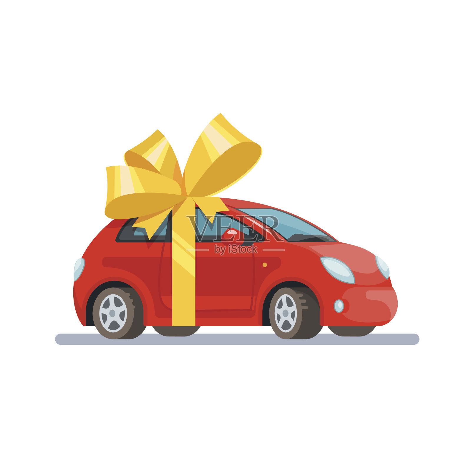 矢量插图红色汽车与弓平风格的白色背景。概念设计礼品汽车。设计元素图片