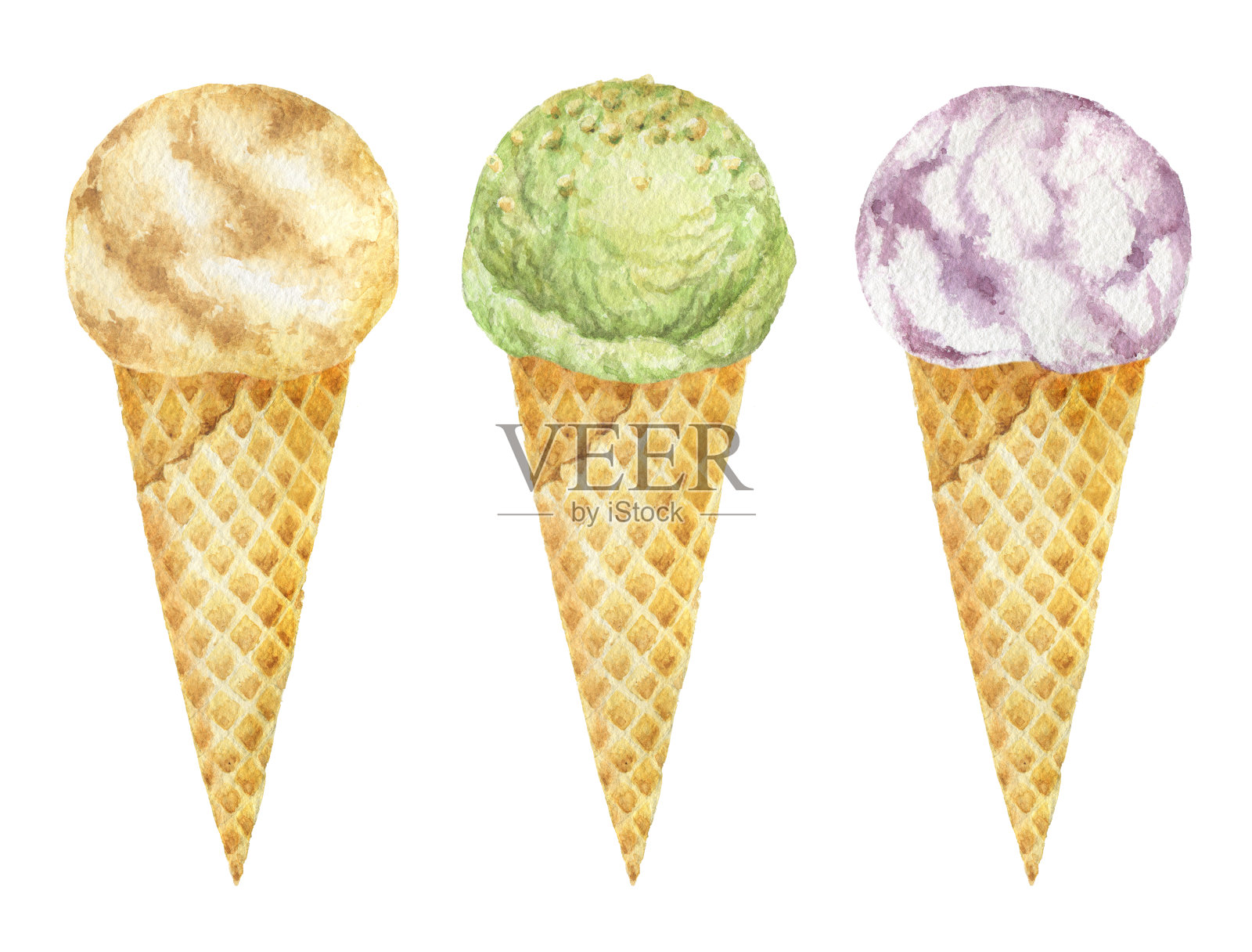 水彩冰淇淋甜筒，开心果，香草和水果。设计元素图片