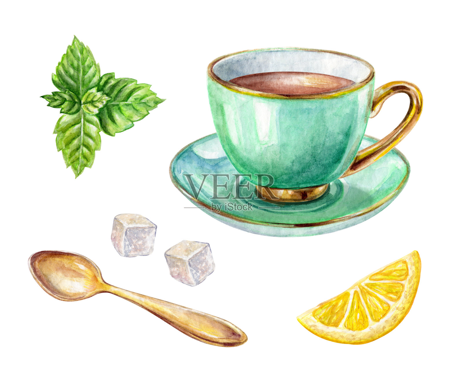 水彩绿色杯茶，柠檬，薄荷，金匙，插图孤立在白色背景插画图片素材