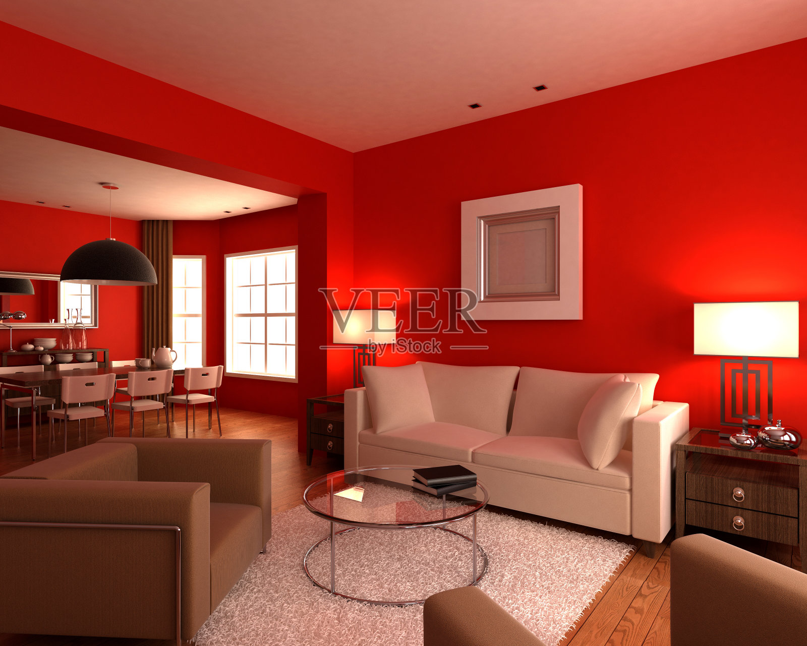 明亮的红色开放式概念现代客厅照片摄影图片