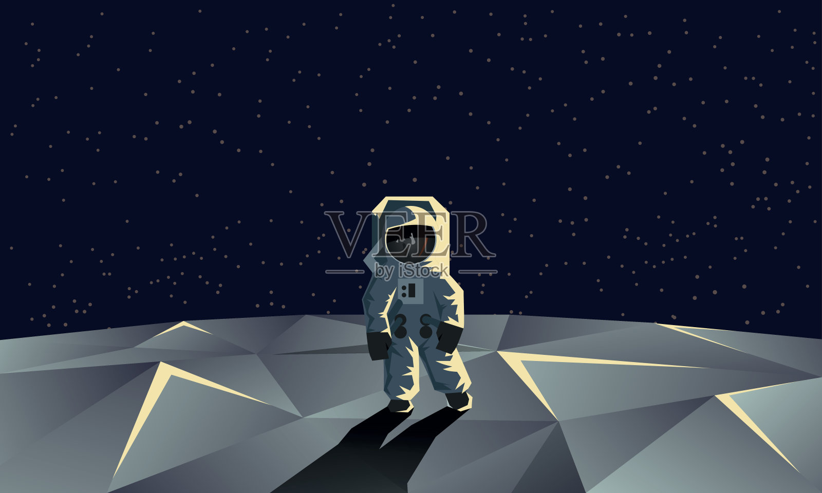宇航员在多边形月球表面。平面几何空间插图。插画图片素材