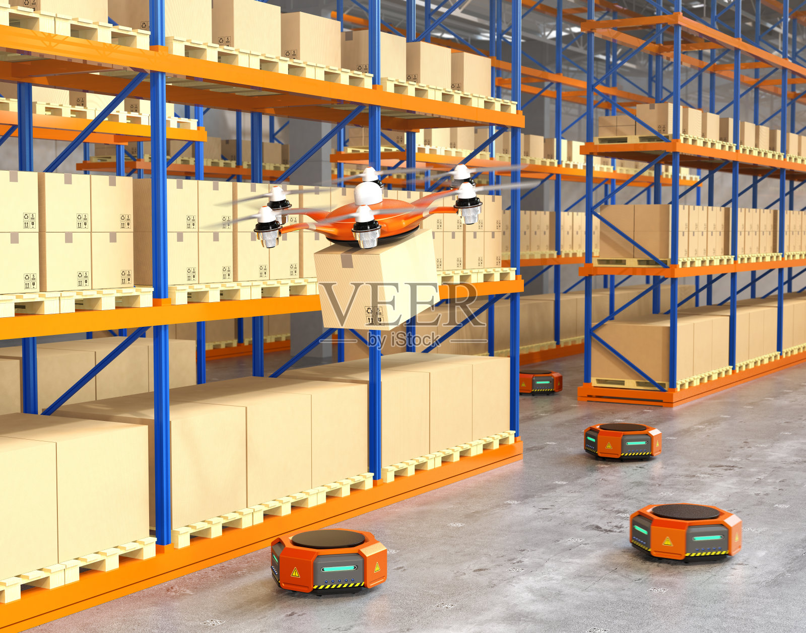 现代仓库中的无人机和橙色机器人插画图片素材