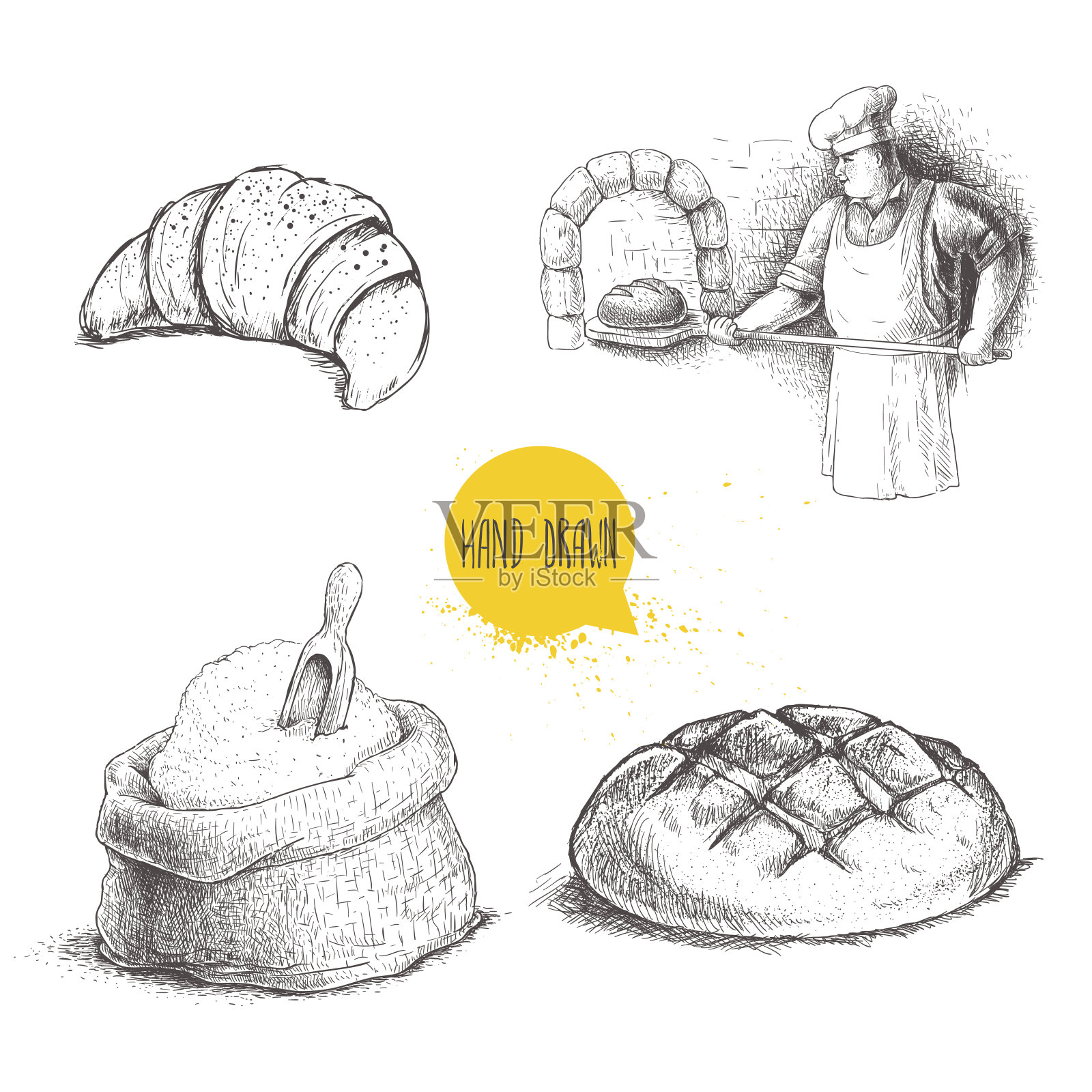 手绘set面包房插图。面包师在石炉中制作新鲜的面包，牛角包，新鲜的长面包，用木勺装面粉。插画图片素材