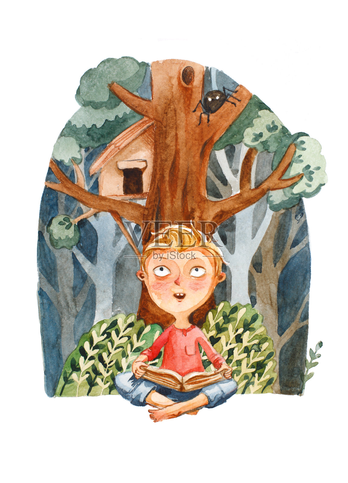 水彩插图孤立的白色背景。书中的男孩梦想着在原始森林里冒险插画图片素材