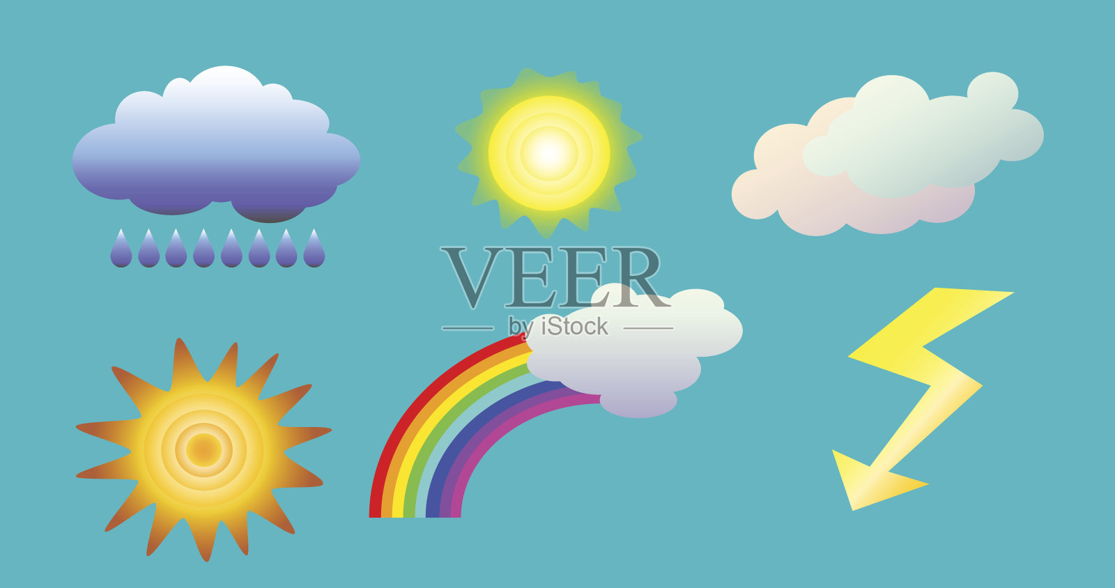 天气对象隔离矢量剪贴画。云图，太阳，彩虹，雨和闪电天气预报插画图片素材