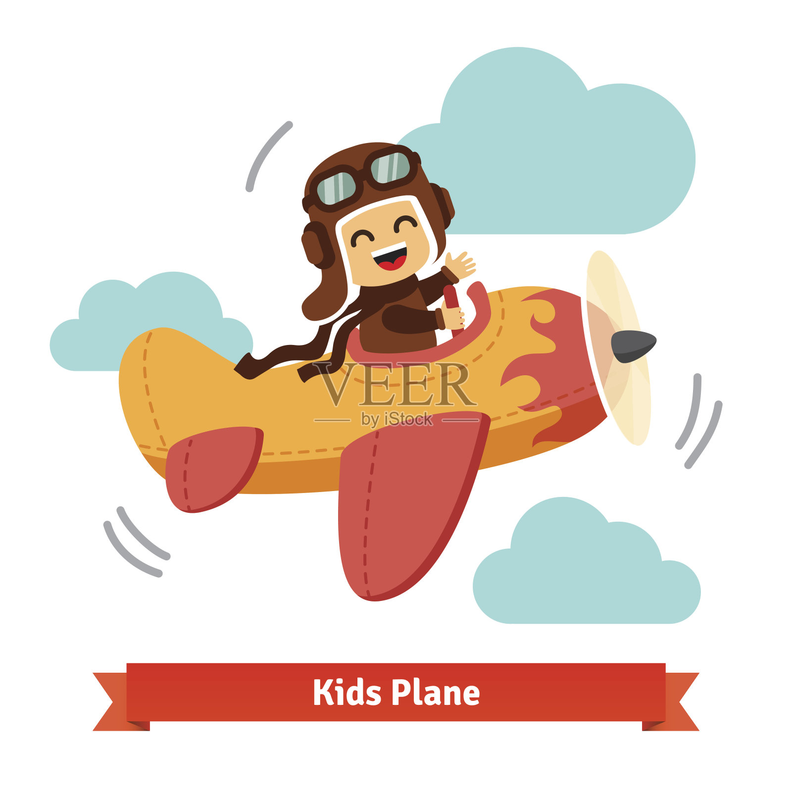 快乐微笑的孩子驾驶飞机像一个真正的飞行员插画图片素材
