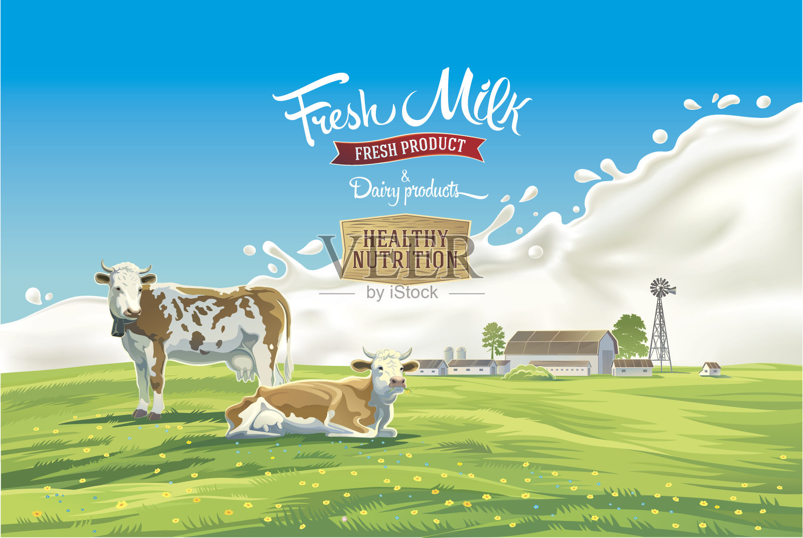 奶牛和夏季景观插画图片素材