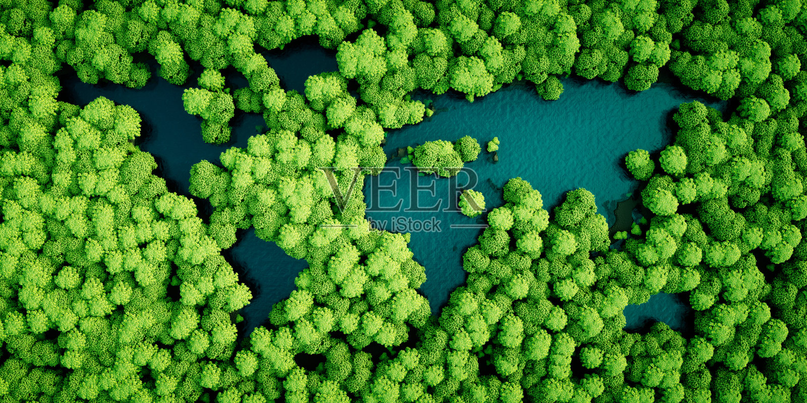 热带雨林湖泊是世界各大洲的形状。环境友好型可持续发展理念。3 d演示。照片摄影图片