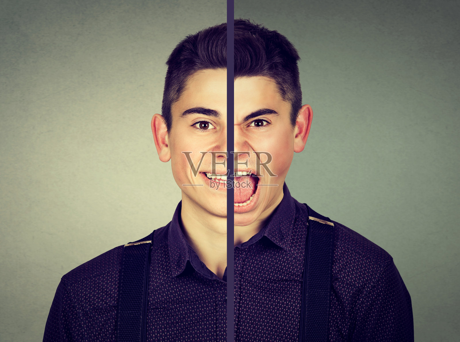 双相情感障碍的概念。年轻男子的双重面部表情孤立在灰色背景照片摄影图片