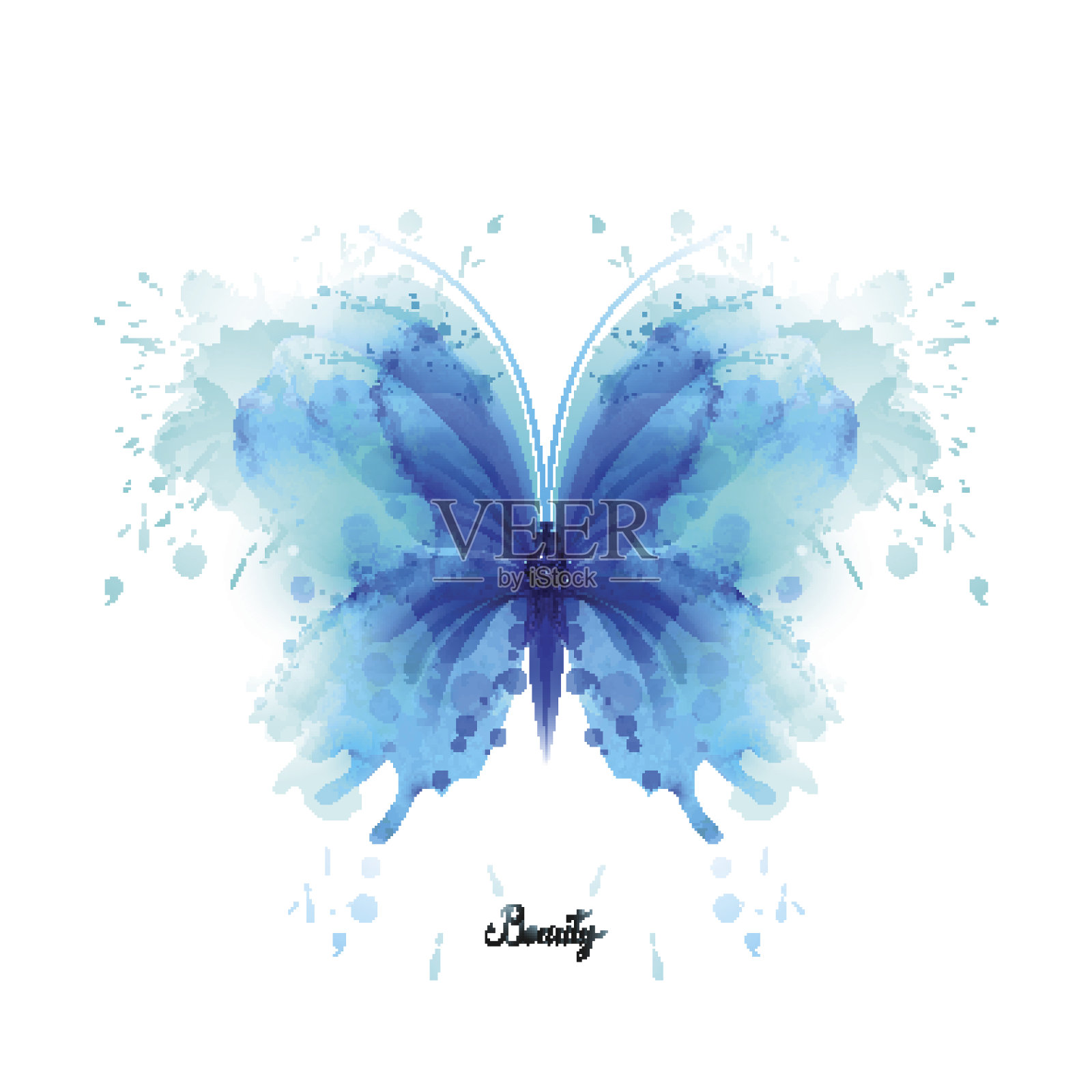 美丽的蓝色水彩抽象半透明蝴蝶在白色的背景。设计元素图片