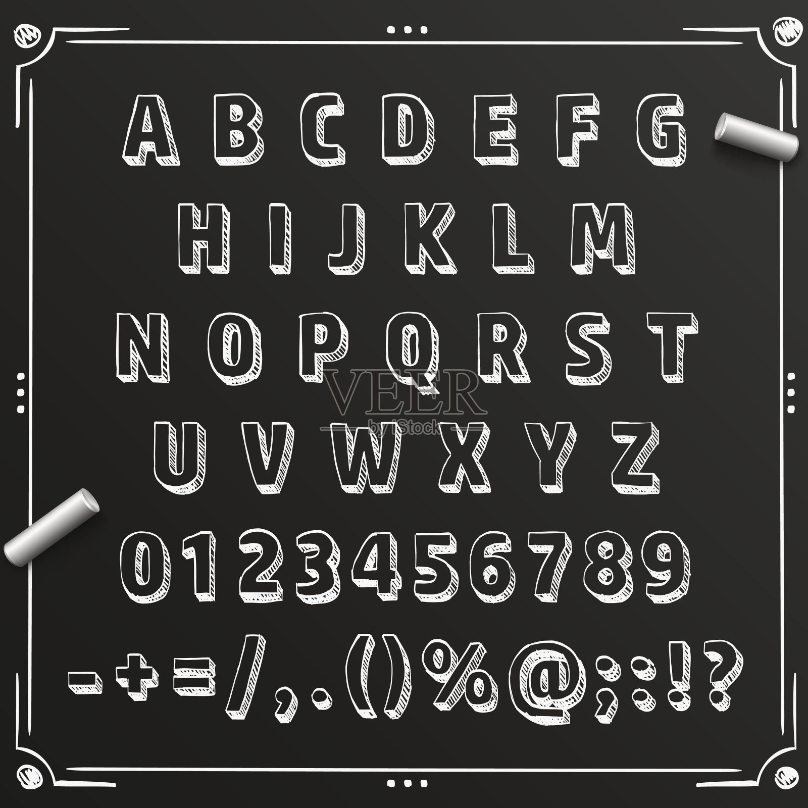 黑板素描字体abc符号，集合字母，矢量插图设计元素图片