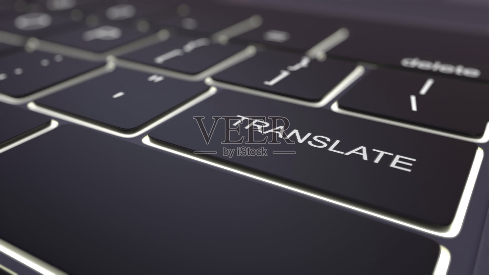 现代的黑色电脑键盘和发光的翻译键。三维渲染照片摄影图片
