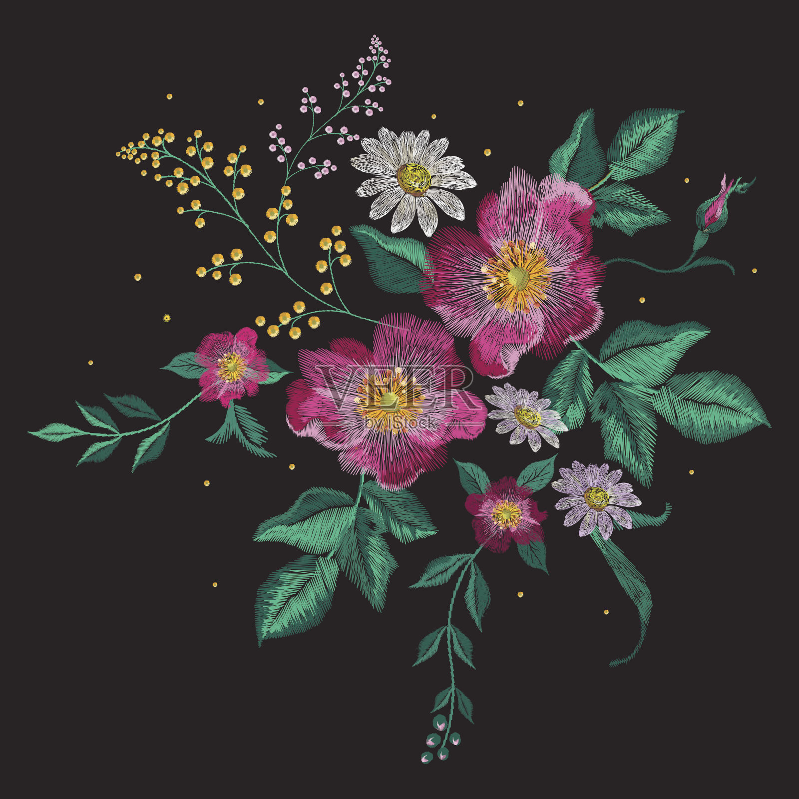 刺绣彩色花卉图案与葡萄酒狗玫瑰。插画图片素材