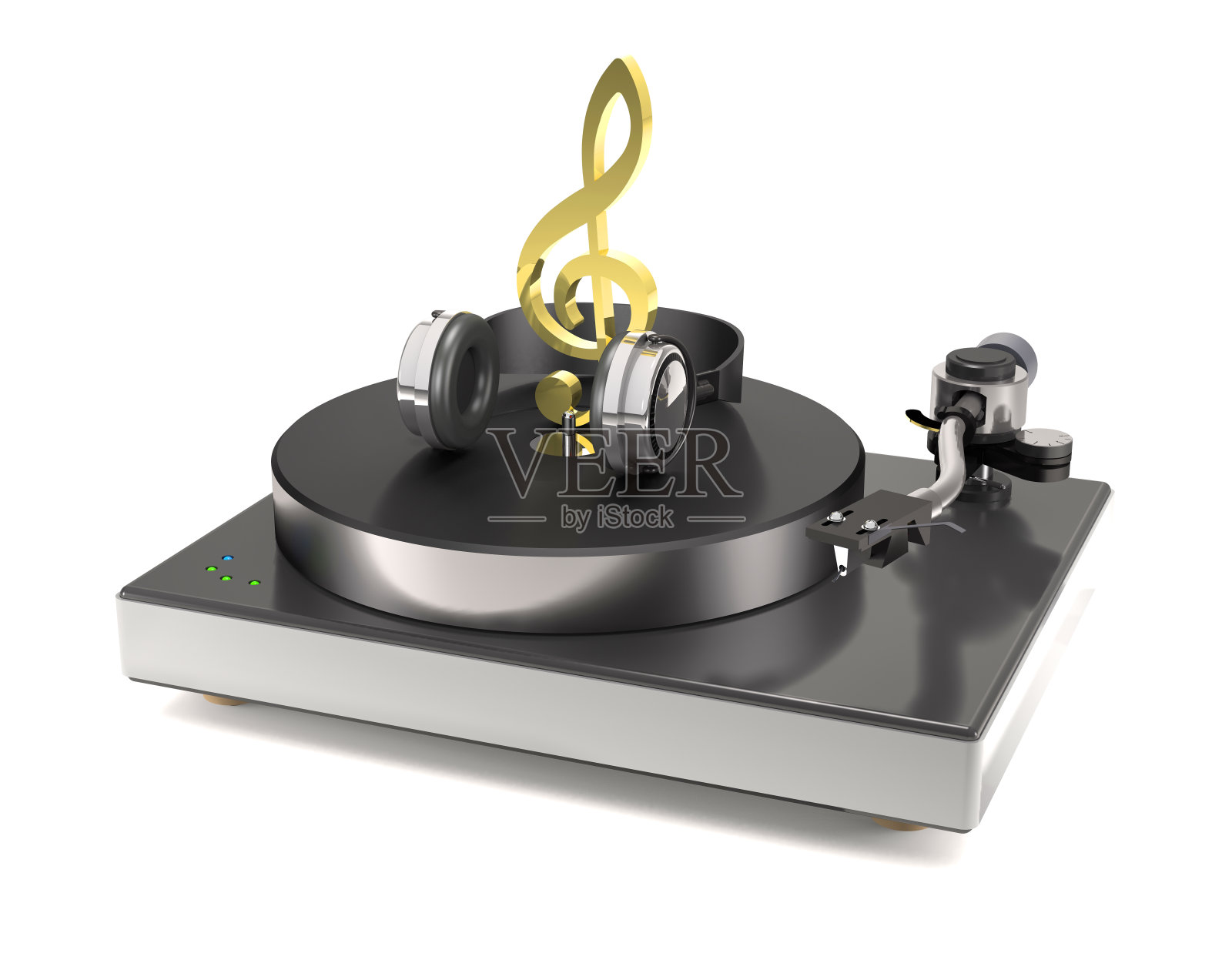 唱片转盘与黄金高音谱号和耳机(3d插图)。插画图片素材
