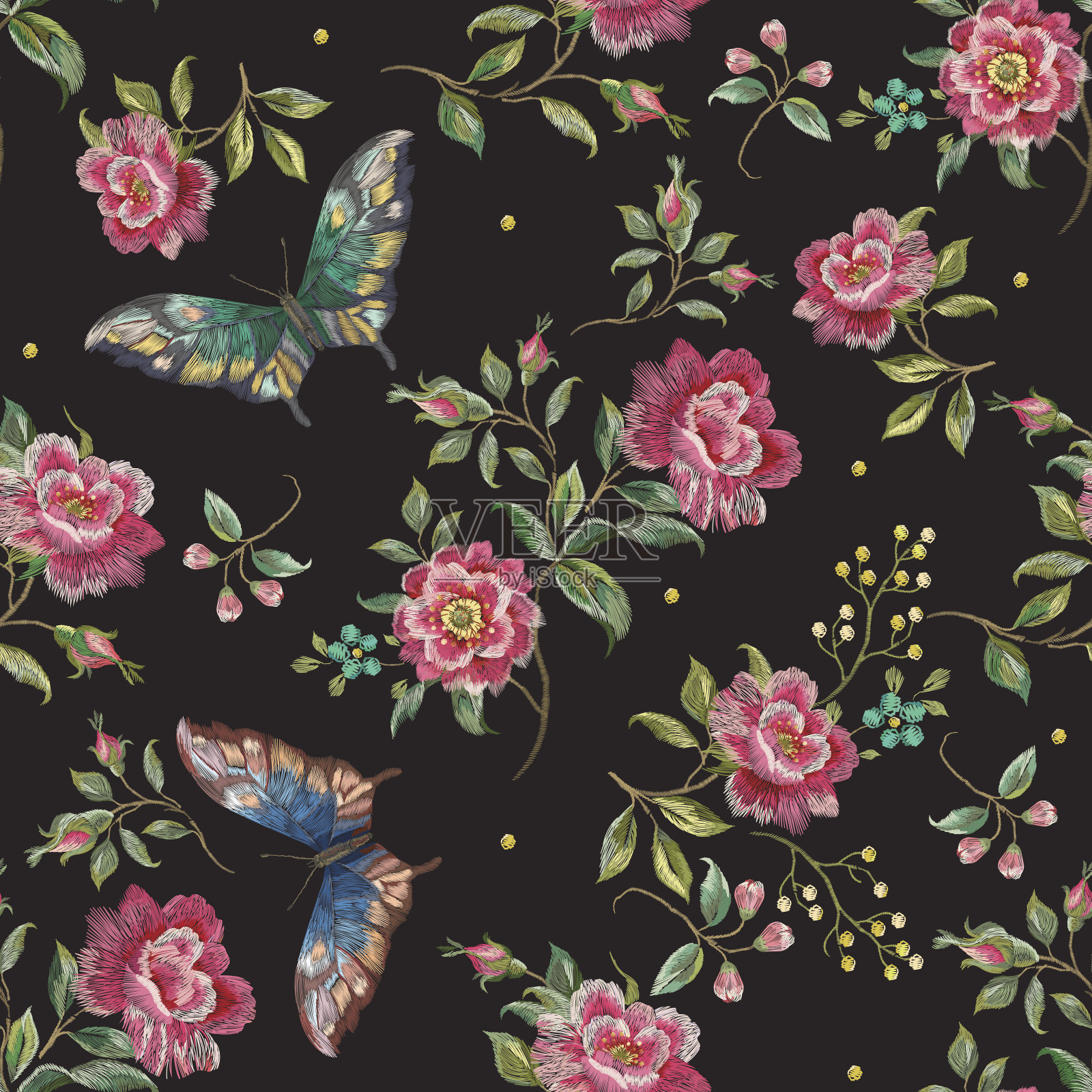 刺绣趋势花卉无缝图案与玫瑰和蝴蝶。插画图片素材