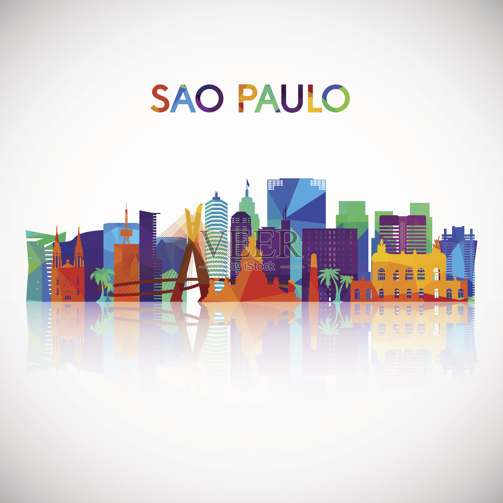 圣保罗天际线轮廓在多彩的几何风格。巴西标志为您的设计。矢量插图。插画图片素材