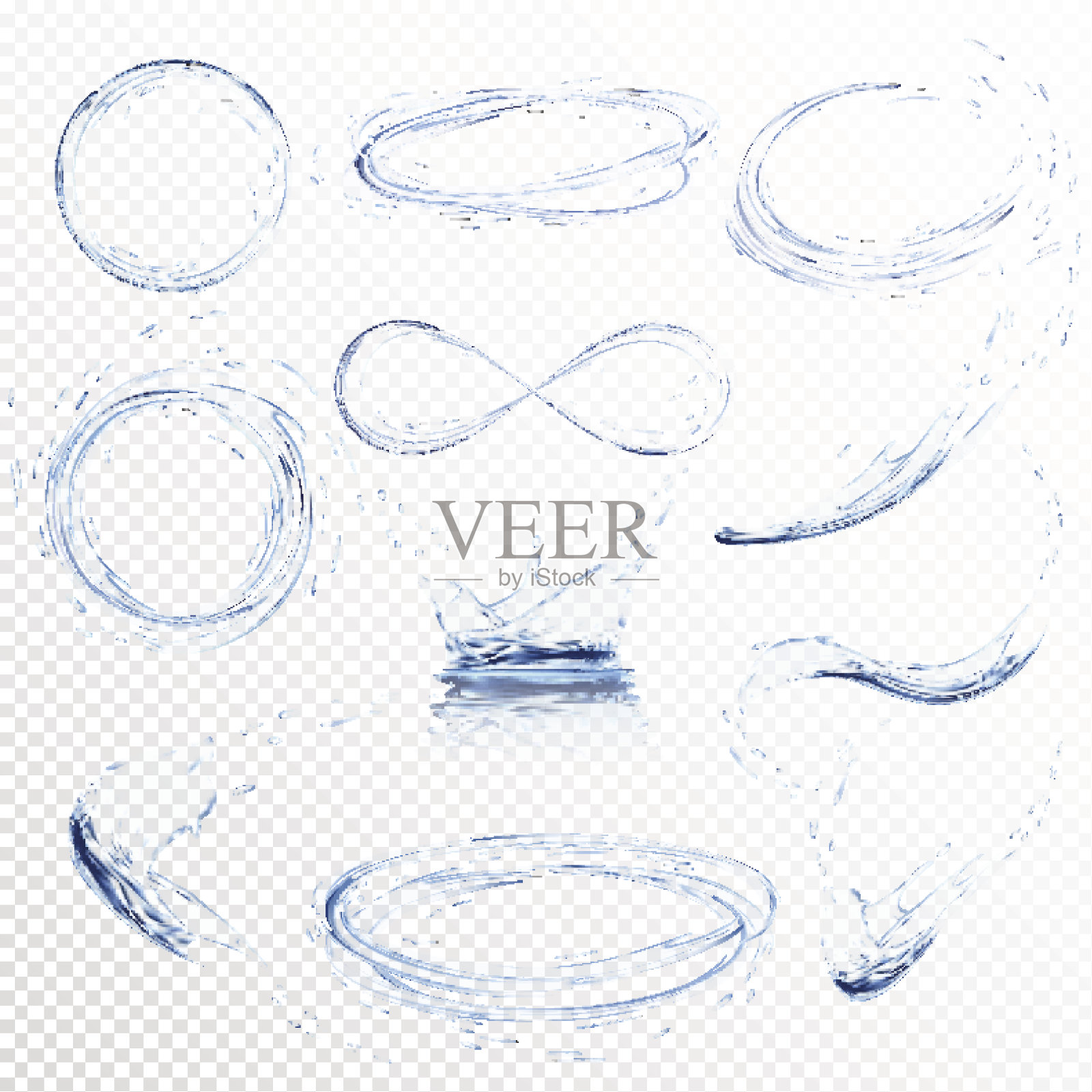 一套透明的水飞溅，圆圈，漩涡，水滴和皇冠从落入浅蓝色的水，孤立的透明背景。透明只在矢量文件设计元素图片