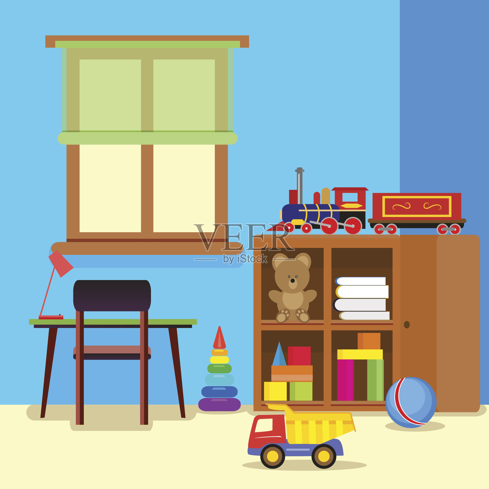 彩色和漂亮的儿童房间有一张桌子和椅子，一个衣柜和玩具。矢量，插图在平面风格EPS10。插画图片素材