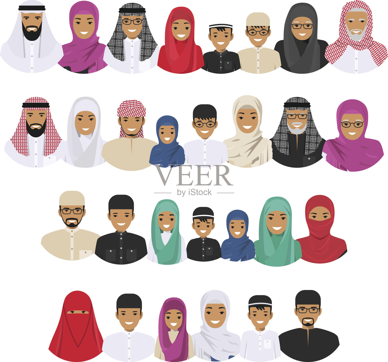 家庭的概念。不同年龄段的阿拉伯人。穆斯林的父亲，母亲，祖母，祖父，儿子和女儿穿着传统的伊斯兰服装。不同的男人角色，头像，图标。插画图片素材