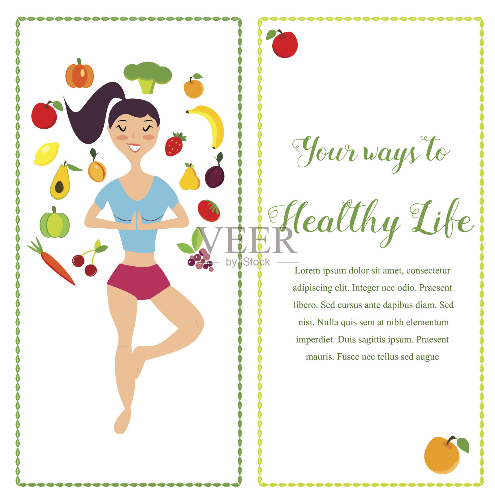 插图的女孩和新鲜的水果和蔬菜。健康的生活方式横幅插画图片素材