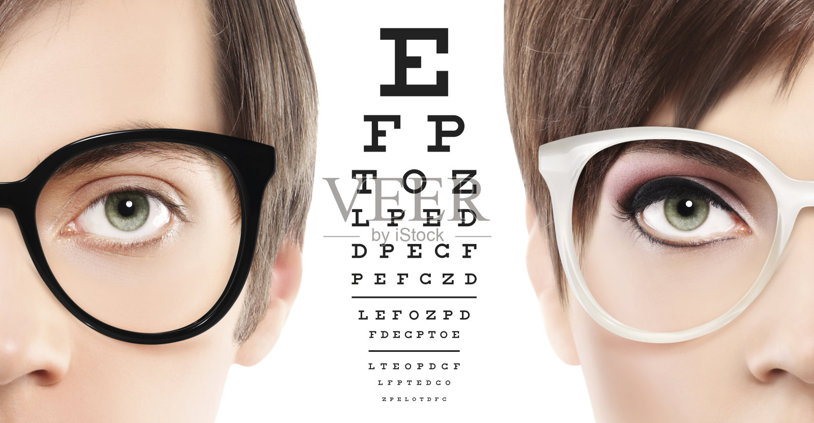 眼睛和眼镜近距离的视觉测试表，视力和眼睛检查概念在白色背景照片摄影图片