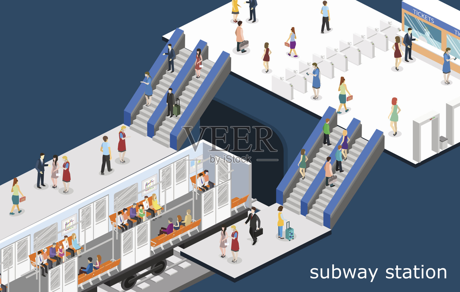 等距平面3D概念地铁地铁车厢。地铁车站插画图片素材