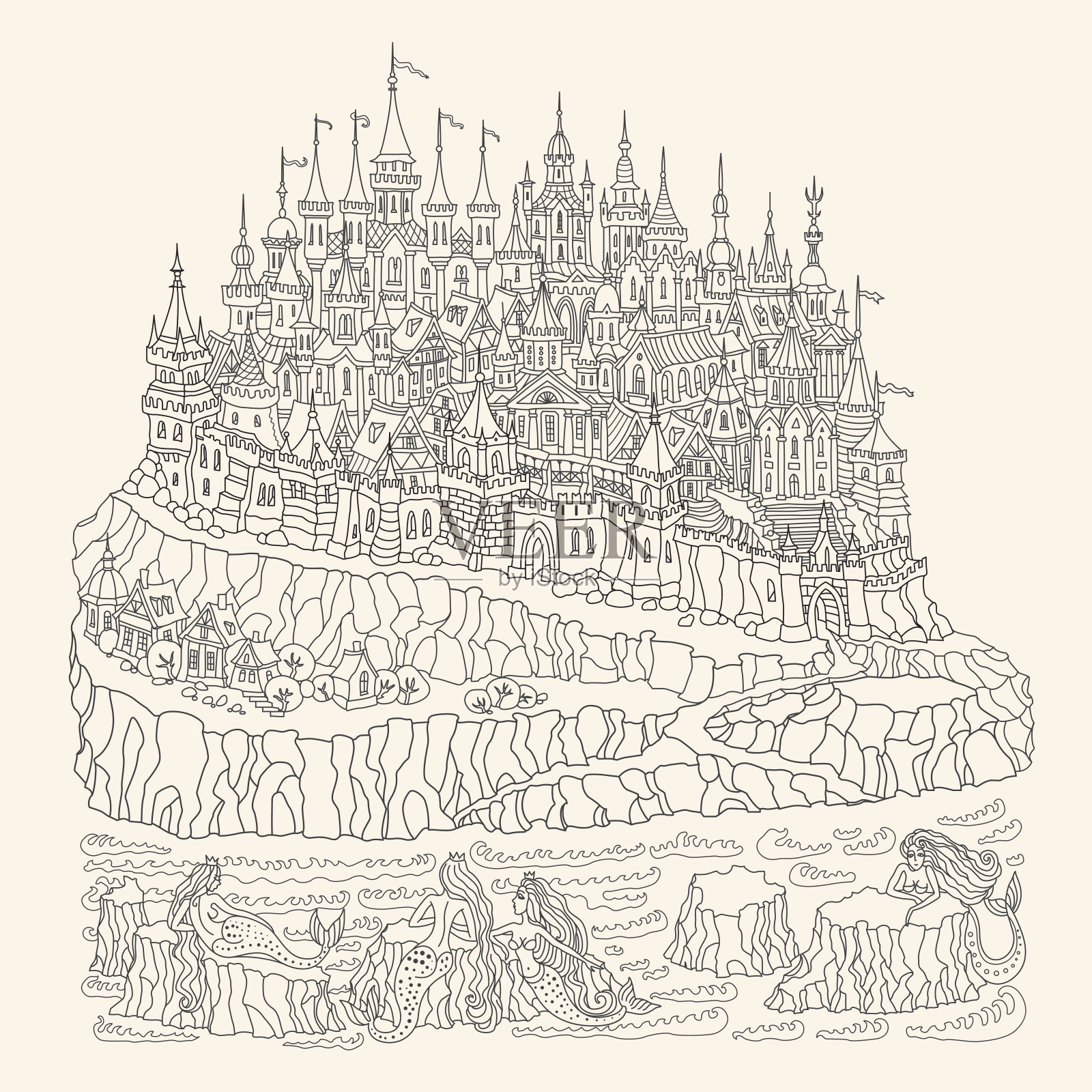 矢量卡通童话岛与城堡和房子，美人鱼在海悬崖上，在米色的背景。手绘黑白涂鸦素描。禅宗打结t恤印花。成人和儿童涂色书页插画图片素材