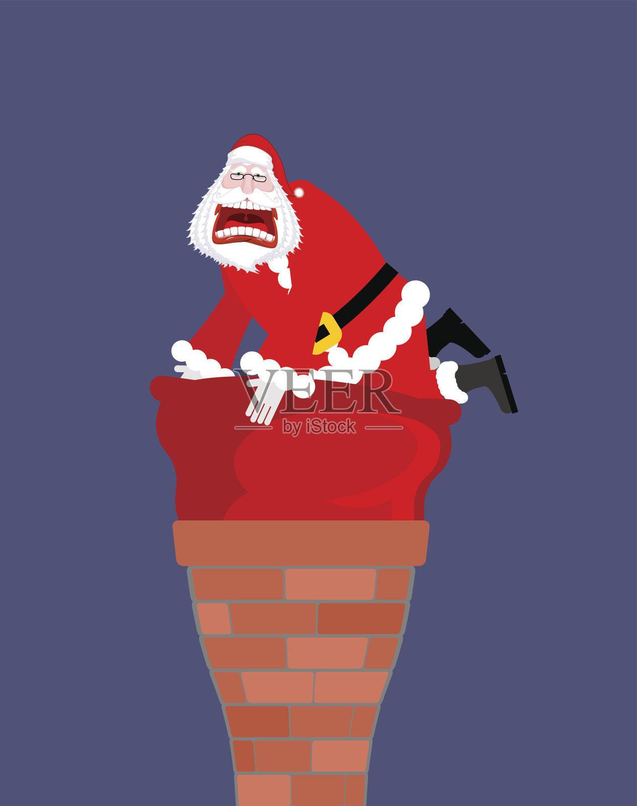 烟囱里的圣诞老人。圣诞老人的袋子卡在烟囱里。装礼物的红色大袋子不合适插画图片素材