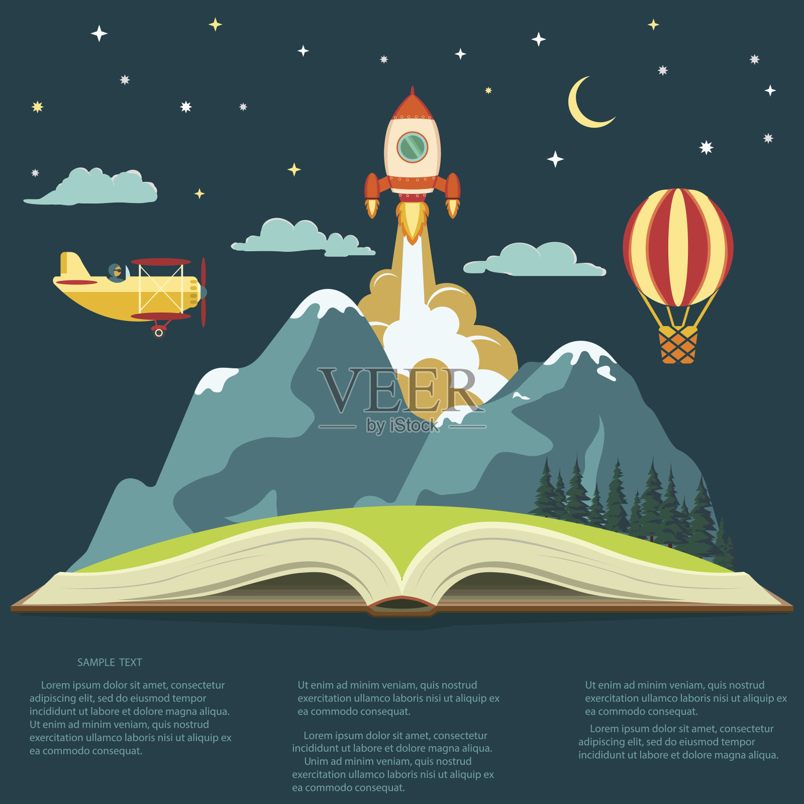 想象概念，打开书本用高山，飞火箭，气球和飞机插画图片素材