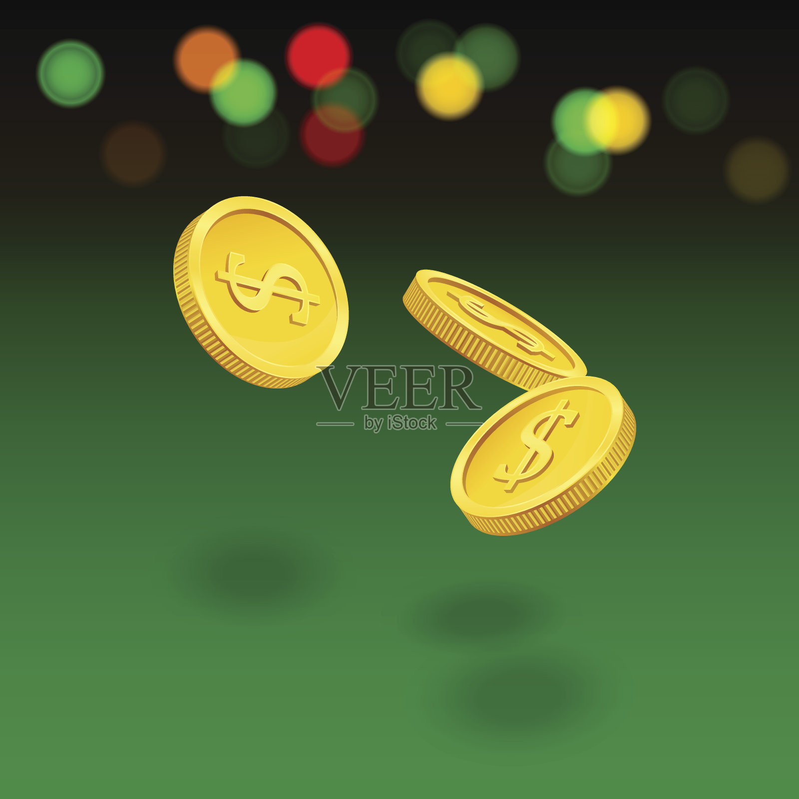 在绿色背景上飞行的硬币。向量赌场插图。插画图片素材