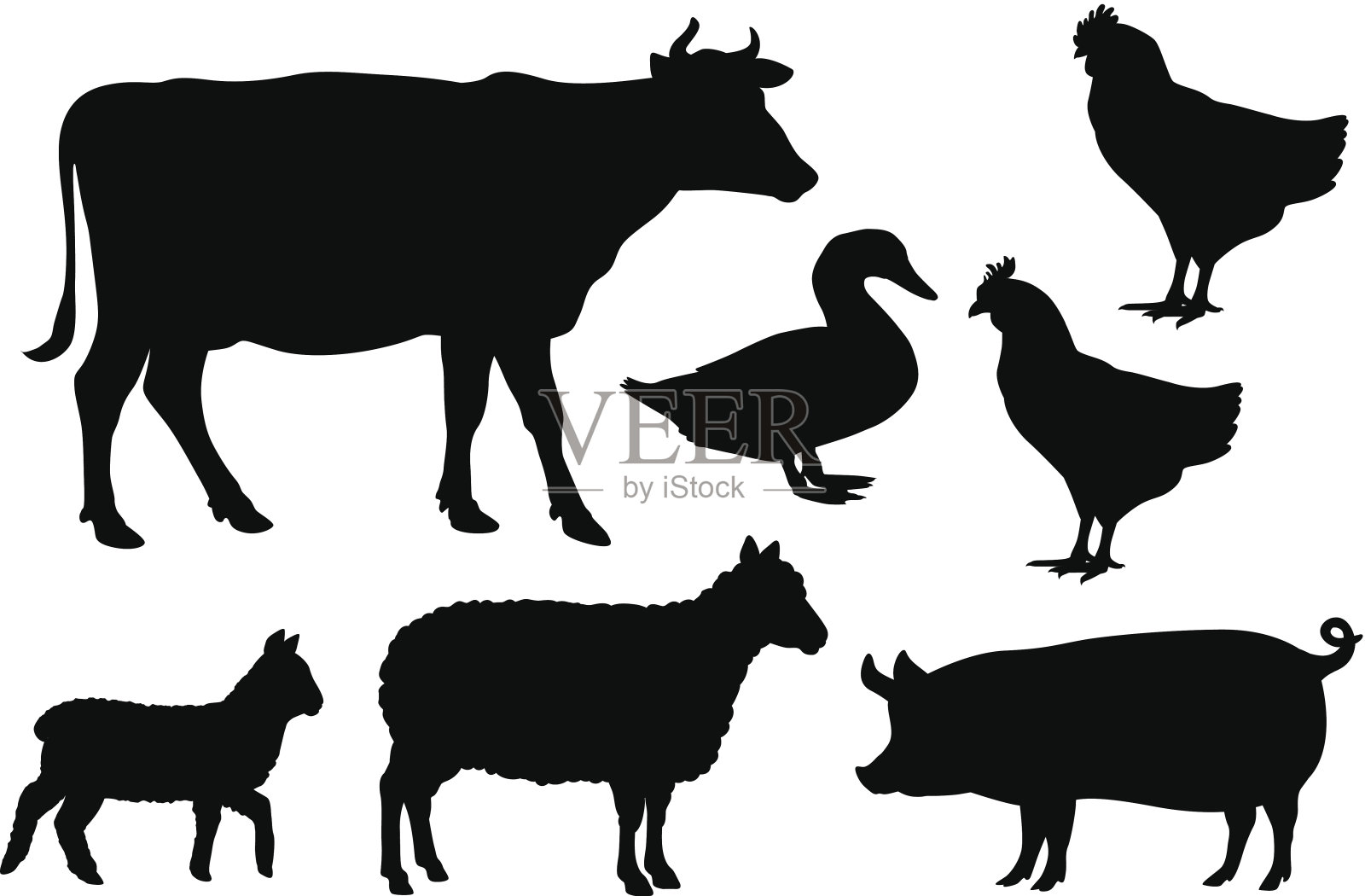 黑色矢量农场动物的轮廓在白色设计元素图片