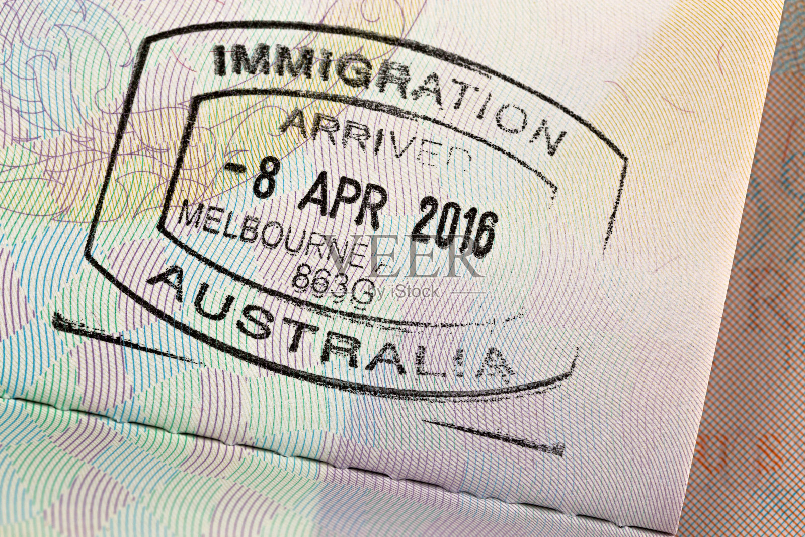 澳大利亚墨尔本机场入境签证的入境印章特写照片摄影图片