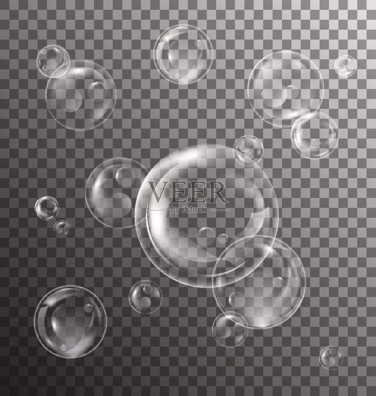 现实透明的肥皂泡与反射在方格背景设计元素图片