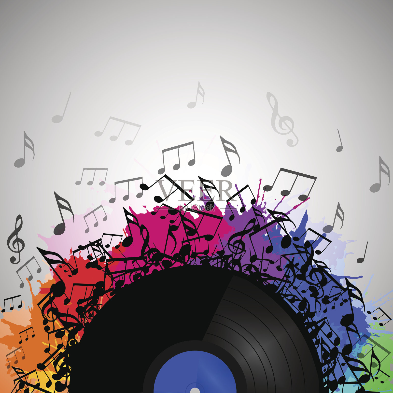插图的黑胶唱片与音乐音符，彩虹水彩飞溅和文字的空间。矢量元素的演示，封面和您的创造力插画图片素材