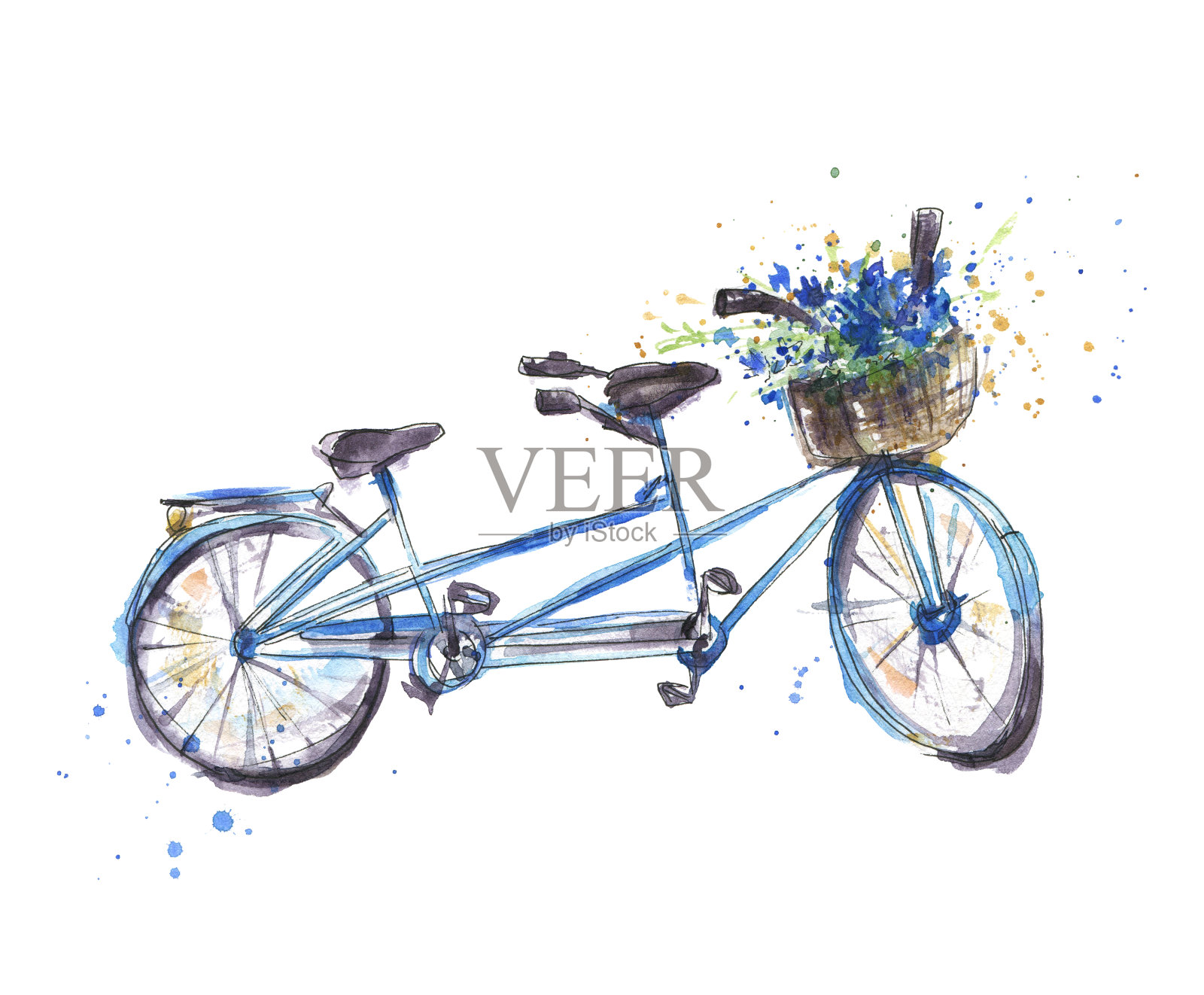双人自行车带花，水彩画插图设计元素图片