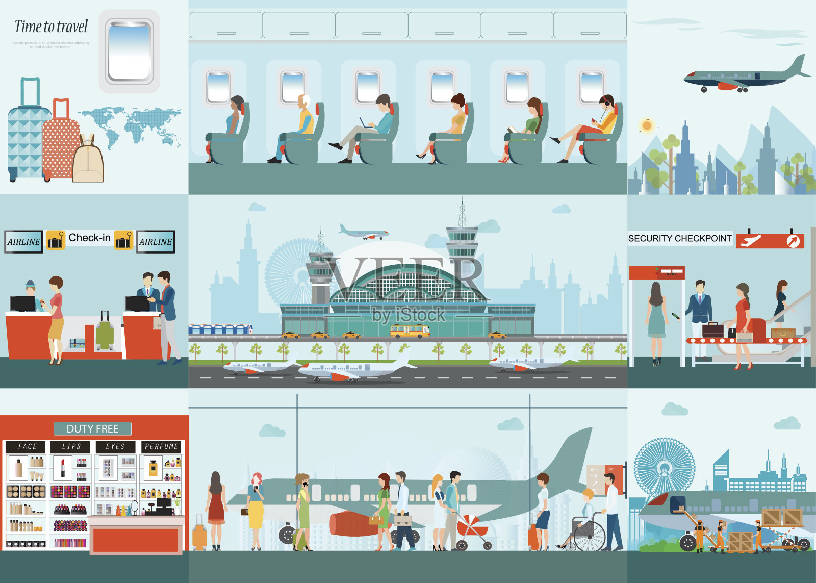 客运航空公司在机场候机楼的机场资讯图。插画图片素材