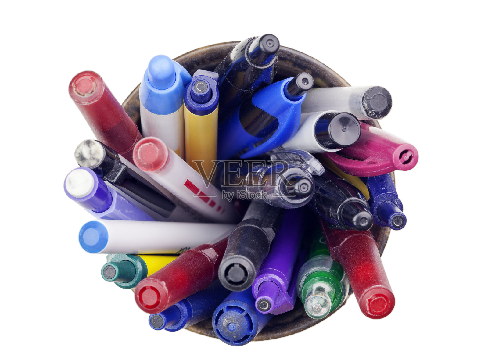 钢笔，铅笔和马克笔在杯架照片摄影图片