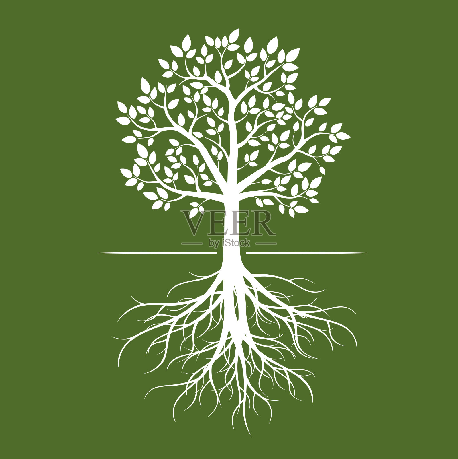 绿色背景上有根的白色树。设计元素图片