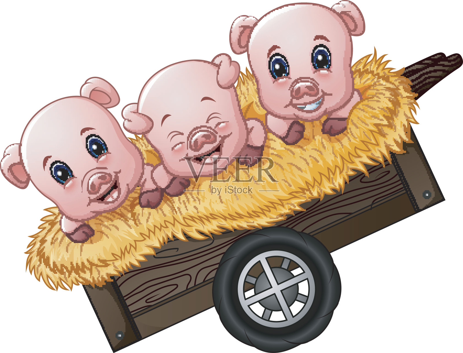 三只小猪卡通在推车上插画图片素材